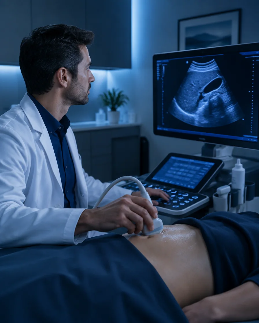 Ein Internist untersucht mit Ultraschall